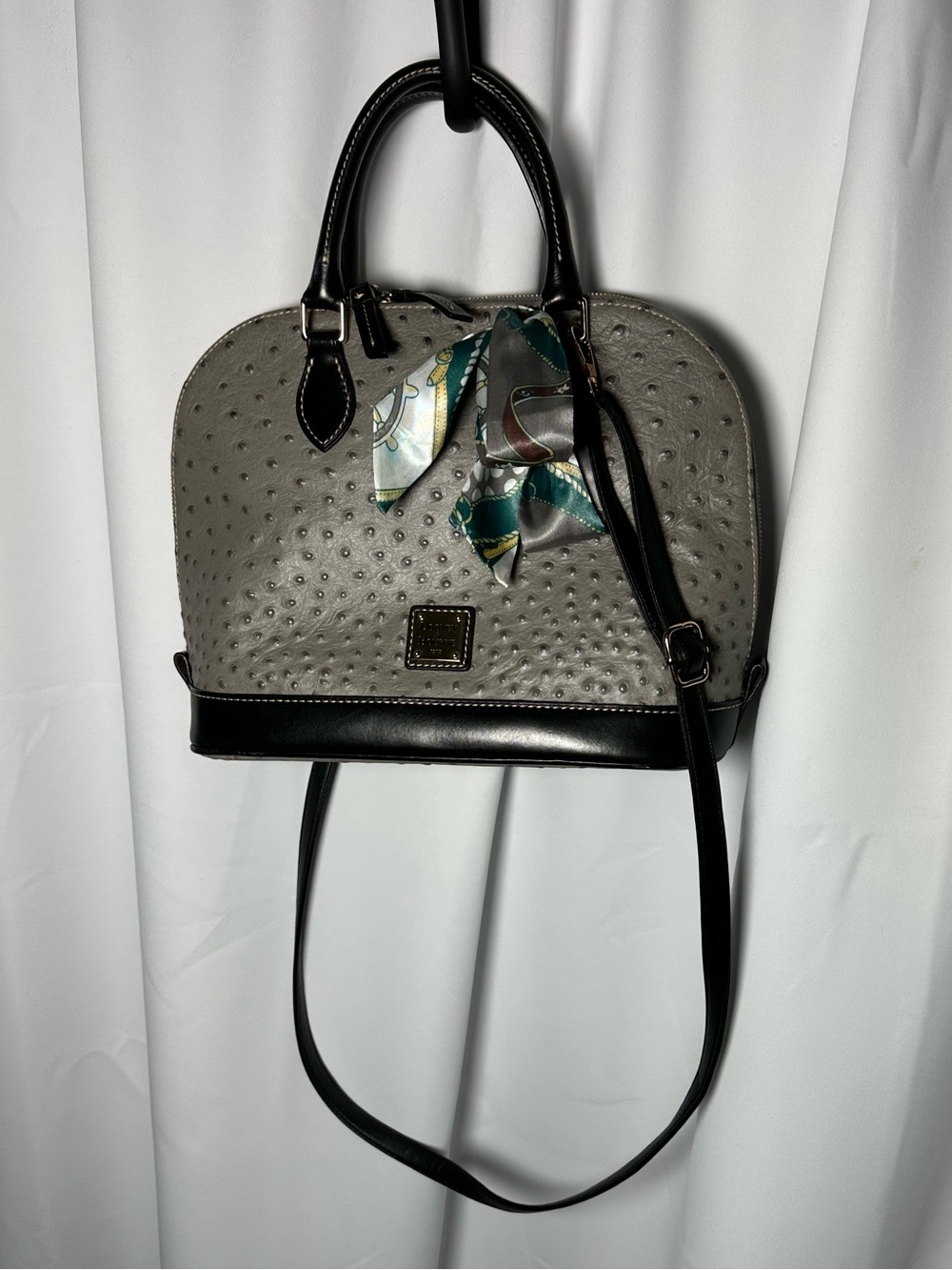 Dooney and Bourke ostrich Gray Dome Satchel Handbag with Black Trim